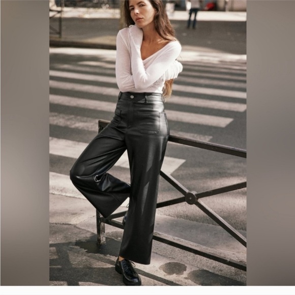 ZARA The Patch Pockets Marine Straight Faux Leather Pants BLACK 4 Ankle Crop - Picture 3 of 15